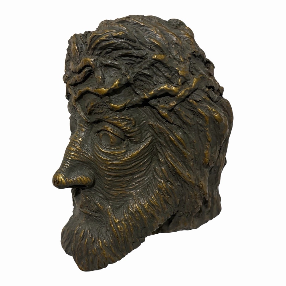 Jesus face bust Side View wall hanging 5.5" In Height Gray Gold Vintage Religion